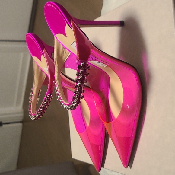 Jimmy Choo Bing 100 Hot Pink Plexi & Crystal Embellished Mules size 38 - Picture 2 of 5